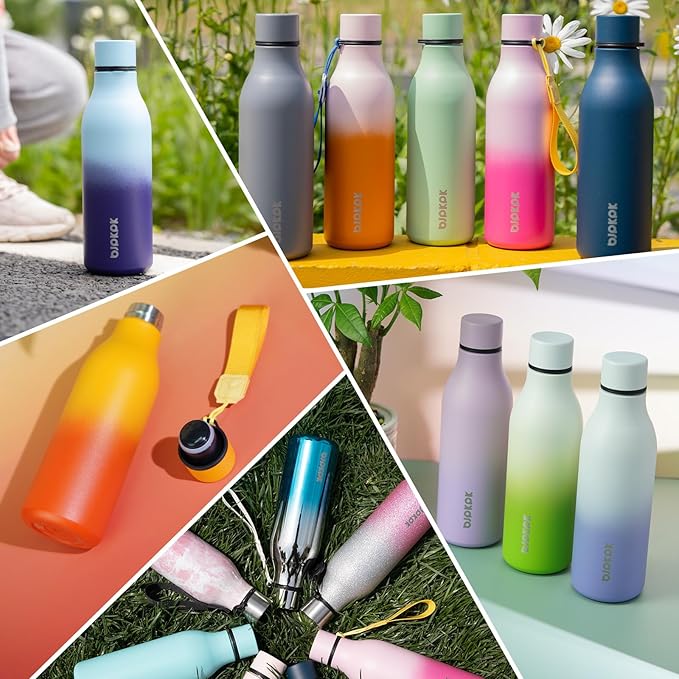BJPKPK Insulated Water Bottles, 25 oz Stainless Steel Metal Water Bottle with Strap, BPA Free Leak Proof Jugs, Mugs, Flasks, Reusable Thermal Flasks for Sports & Travel, Blue Black