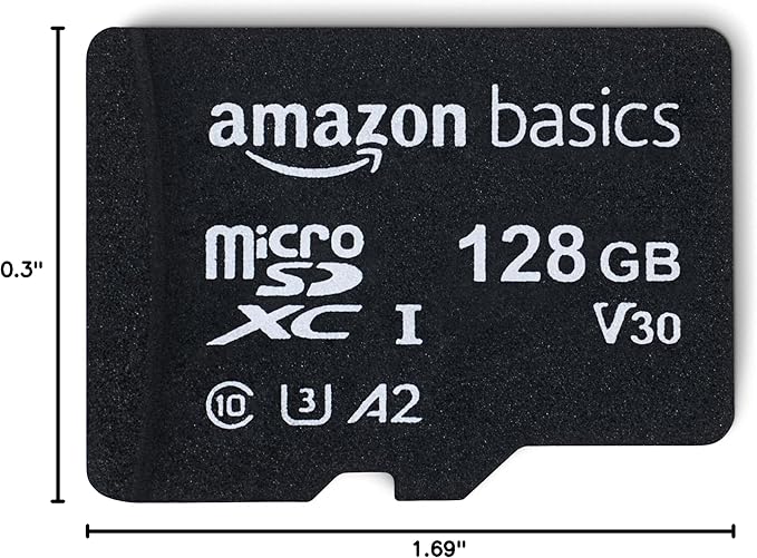 Amazon Basics microSDXC Memory Card with Full Size Adapter, A2, U3, Read Speed up to 100 MB/s, 128GB, Black
