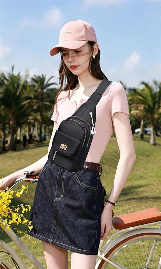 Sling Bag Small Compact Crossbody Bags for Women Anti-Theft Multiple Pockets Waterproof Fanny Pack for Travel Hiking Daily Black