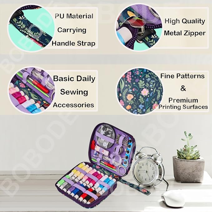 Bobode Travel Floral Basic Sewing Kit for Adults | Printing Tulips Pattern Sewing Kit with Sewing Thread,Professional Sewing Supplies for Beginners,Emergency,Arts Craft DIY