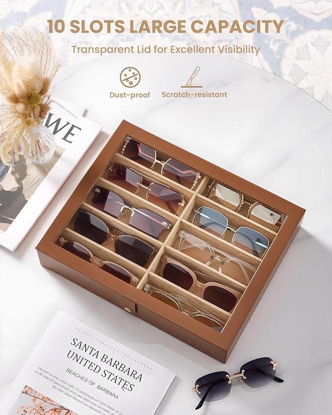 Lolalet 10/20 Slots Sunglasses Organizer Box, Eyeglasses Eyewear Holder Case for Multi Pairs Collection