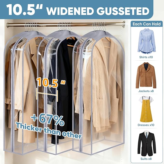 BALEINE 48'' Clear Garment Bags, 10.5'' Wide PEVA Suit Bag for Closet Clothes Dresses Suit Coats Storage (Clear, 6PK)