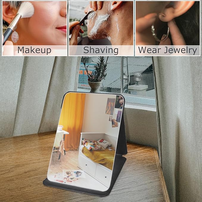 Makeup Mirror, 6x8 Inches Portable PU Leather Mirror, Folding Desktop Vanity Mirror with Adjustable Stand for Vanity Table, Office, Travel (M, Black)