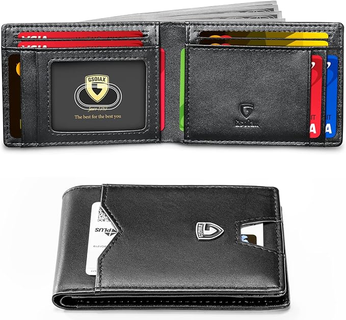GSOIAX Slim Wallet for Men Rfid Blocking Leather Bifold Front Pocket Carbon Fiber Men's Money Clips Credit Card Holder With Gift Box