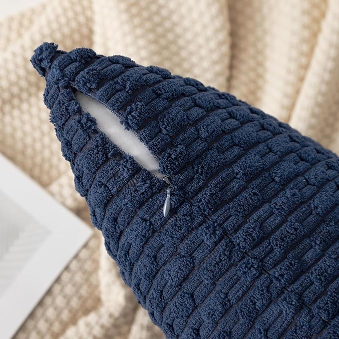 Kevin Textile 14x20 Inch Pillow Cover 1 Pack Boho Decorative Soft Striped Corduroy Lumbar Farmhouse Color Accent Rectangle Cushion Case for Living Room Couch Sofa Bed, Navy Blue