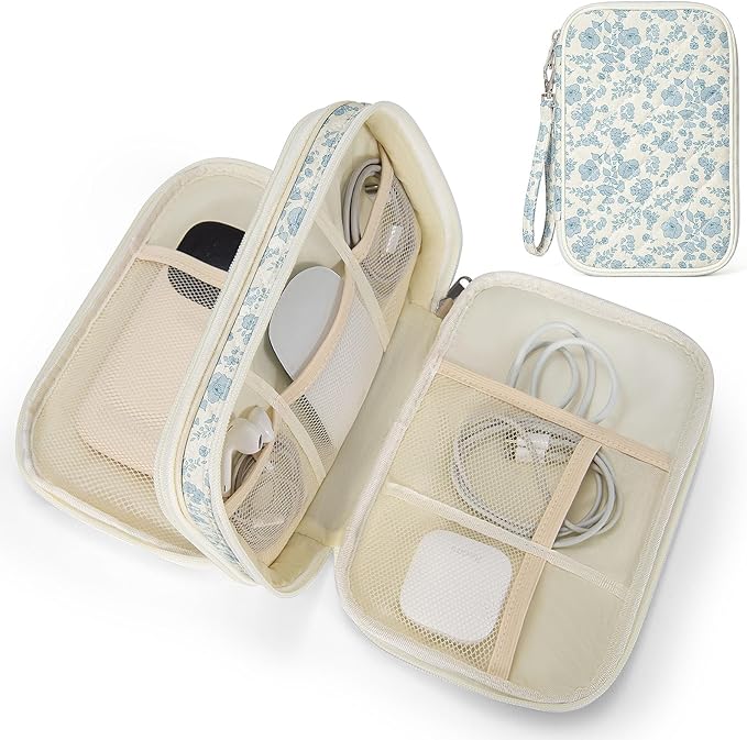 Quilted Travel Cable Organizer Pouch, Portable Electronic Accessories Carry Case, Double Layer All-in-One Storage Bag for Chargers, Cords, Phone, Gadgets (Blue Floral)