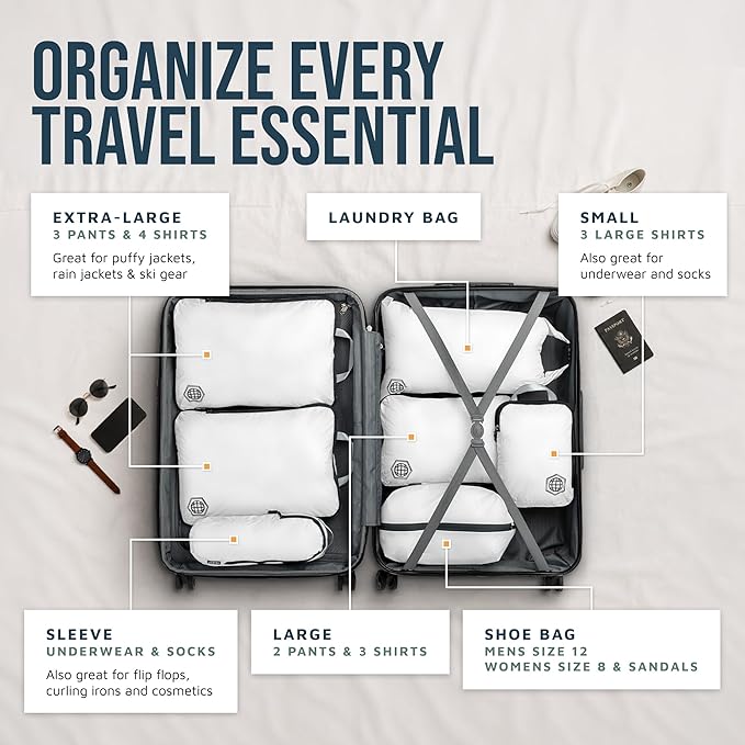 Large Compression Packing Cubes for Travel-Packing Cube Luggage Organizers 7 Piece Set for Checked Luggage-Ultralight, Expandable/Compression Bags by TRIPPED Travel Gear (White/Grey)