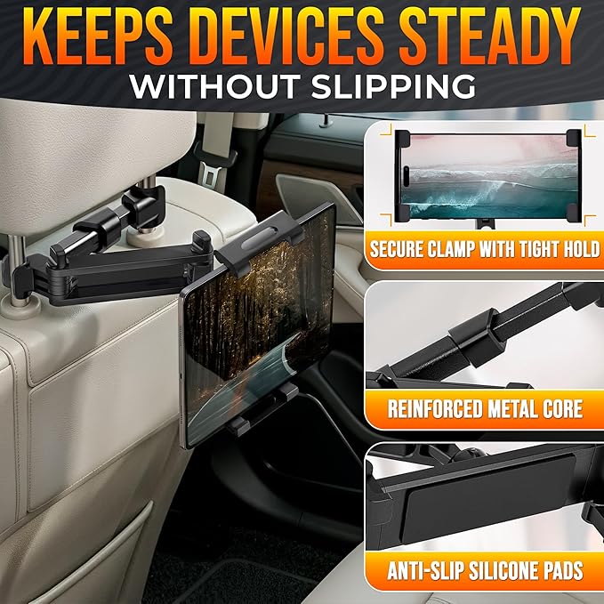 Car Headrest Tablet Holder for 5.5"-11" Devices - Tablet Headrest Mount with 360° Rotation & Charging Port Access - Quick Install & Adjustable Car Tablet Holder Сompatible with Smartphones and Tablets