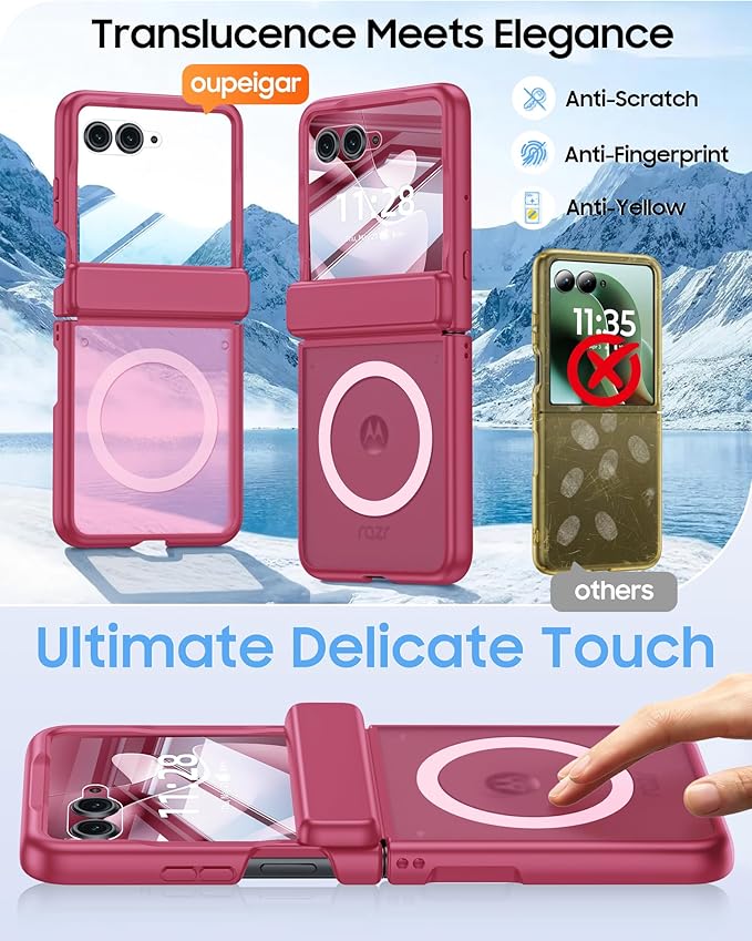 Magnetic for Motorola Razr Ultra 2026/2025 Case,Hinge Protection, Screen Protector, Compatible with MagSafe, Translucent Frosted, Shockproof Slim Cover for Razr Ultra 2026/2025-Rose Red