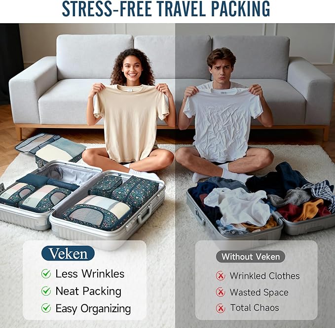 Veken 10 Set Packing Cubes for Travel Essentials,Anti-Wrinkle Buckled Suitcase Organizer for Shoe & Toiletry Bag,Carry On Luggage Bag for Airplane & College Dorm Room Accessories,Women Men Gifts