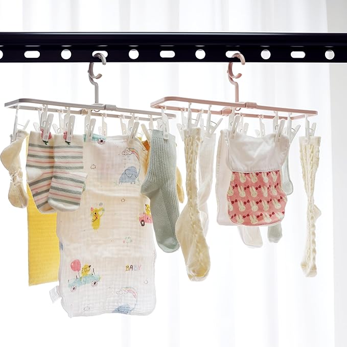 Clothes Drying Racks 2 Pack Grey Pink Small Folding Portable Underwear Hangers with 12 Clips 360° Rotatable Hook for Socks Drying Towels Bras Baby Clothes Gloves Plast 2 pcs Traceless Hook