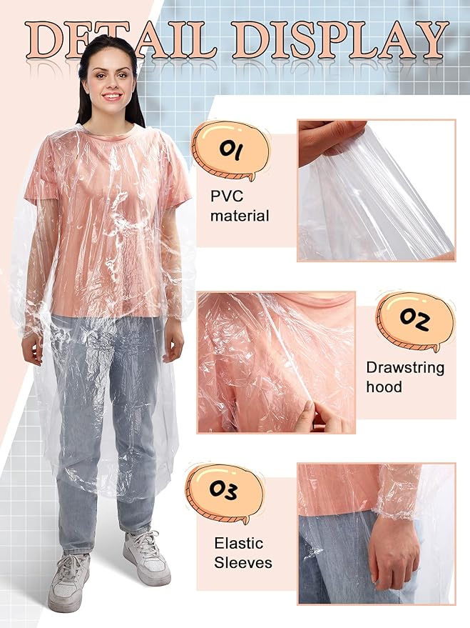 40 Pack Disposable Rain Ponchos for Adults Disposable Ponchos Pack with Drawstring Hood Elastic Sleeves Raincoat for Camping