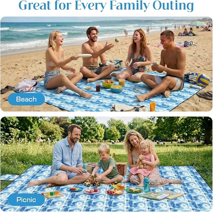 OIGAE Oversized Beach Blanket, 9×10 ft Sand-Free Outdoor Mat for Groups, Quick-Dry Picnic Blanket with Stakes & Corner Pockets, Sailing Boat