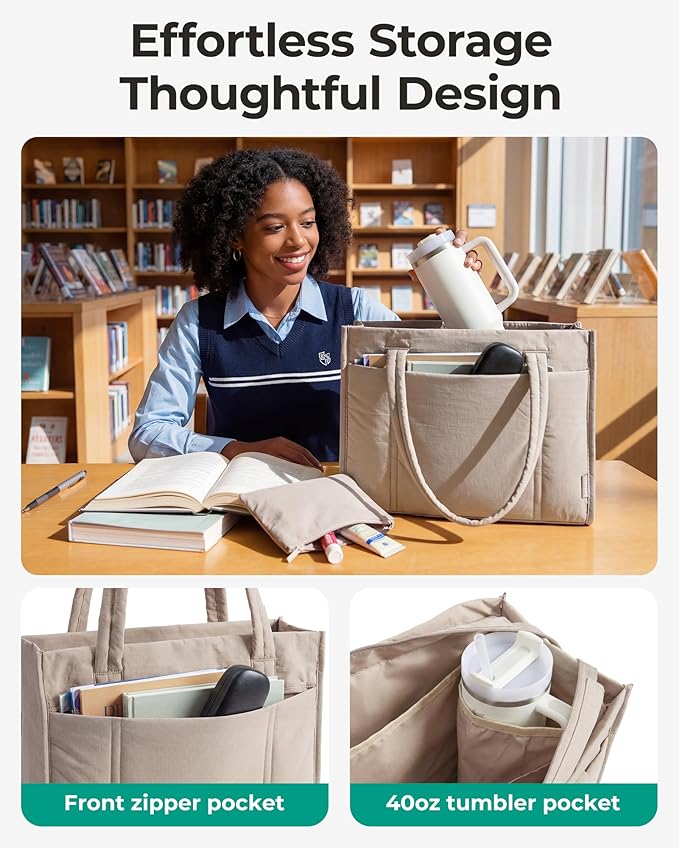 BAGSMART Tote Bag for Women, 2Pc Puffer Tote Bag with Zipper, Quilted Work Tote Teacher Bag Shoulder Handbag | Beach Tote