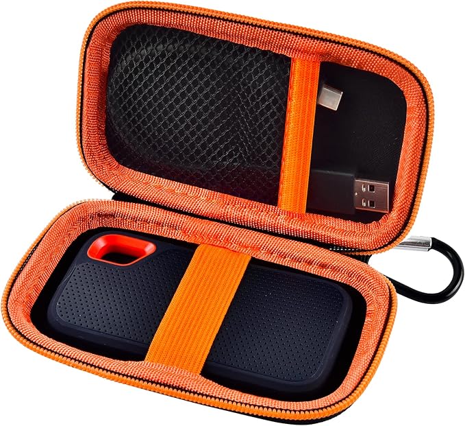 SSD Case for SanDisk Extreme Portable SSD & Extreme PRO, Hard Shell Protective Storage Bag with Carabiner, Fits 1TB 2TB 4TB 8TB External Solid State Drive for Business Travel(Orange)