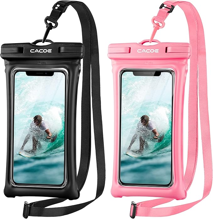 CACOE [Floatable] Floating Universal Waterproof Phone Case 2 Pack-Up to 7.0",Phone Pouch with Adjustable Neck Lanyard,IPX8 Cellphone Dry Bags for Vacation Water Activities（Black+Pink）