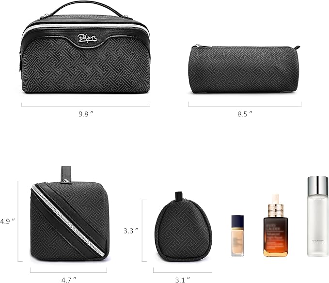BOYATU Travel Makeup Bags for Women: Vintage Roman Column Texture Large Capacity Cosmetic Bag - Each Journey, Quiet Luxury Serenity - 3 Pcs Set Organizer Toiletry Purse 50% Extra Storage(Black)