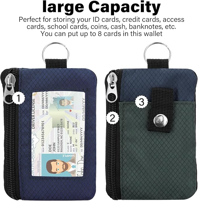 Minimalist Small Wallet for Men Women with 2 Zip Pockets, Multi Functional ID Case with Keychain and Card Holder, Coin Purse Badge Lanyard Pouch for Boys Girls Travel - Gray&Blue