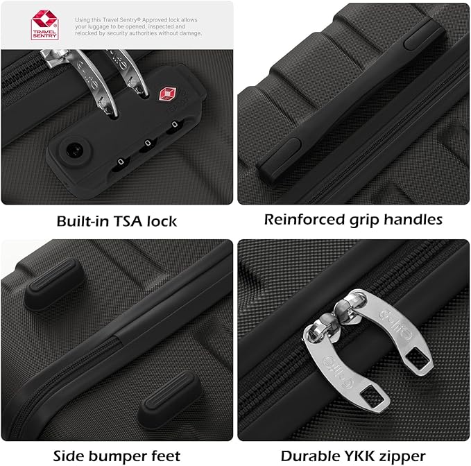 Coolife Luggage 3 Piece Set, Lightweight Durable Hardshell Suitcase set with 360° Spinner Wheels, TSA-approved Lock, Checked Family Travel Luggage sets, 20/24/28 Inch, Black