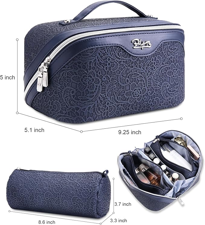 BOYATU Travel Makeup Bags Cosmetic Organizer Bag: 3 Pcs Set Large Capacity Make up Bag with Compartments - Waterproof Leather Toiletry Bags with Handle for Women (A-Dard Blue)