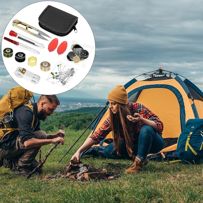 QWORK Military Sewing Kit Tactical Survival Repair Set with Heavy Duty Nylon Zipper Case, Basic Mending Tools with Military Buttons & 3 Large Thread Spools for Camping & Field Use