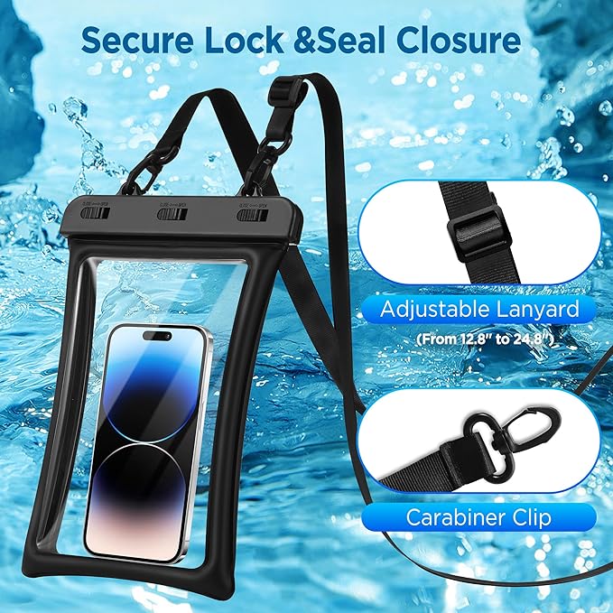 CACOE [Floatable Floating Universal IPX8 Waterproof Phone case 2 Pack-Up to 10.0",Adjustable Lanyard Phone Pouch,Cellphone Dry Bags for Vacation Beach Pool Kayak Cruise Travel Essentials（Black+Green）