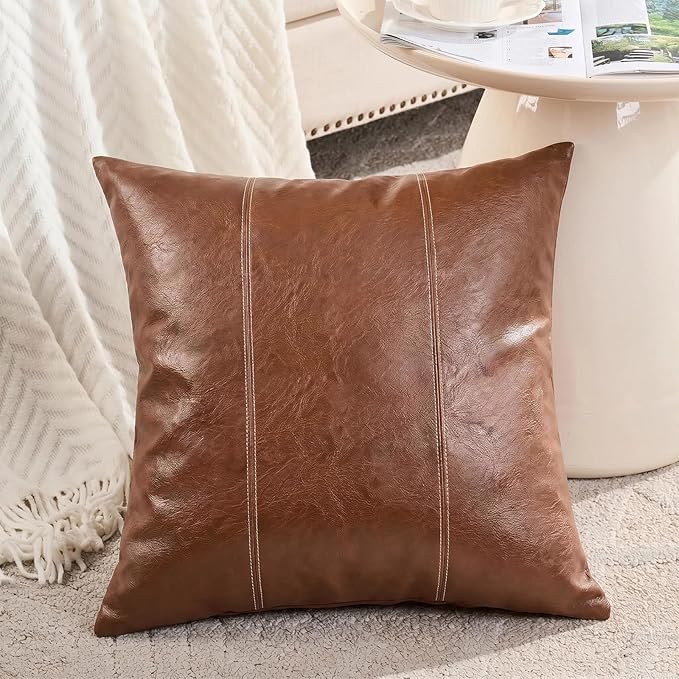 Fancy Homi Brown Boho Long Square Faux Leather Decorative Throw Pillow Covers 24x24 Inch for Living Room Couch Bed Sofa, Hand Stitched Cushion Case, Rustic Modern Farmhouse Home Decor