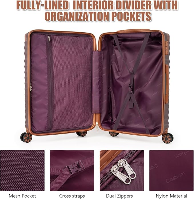 Cosbarn Luggage Sets 5 Piece with TSA Lock Spinner Wheels, Unisex Hard Case ABS Suitcase Set, Hardshell Lightweight Waterproof Travel Hardside Suitcases with Wheels for Women Men, Burgundy