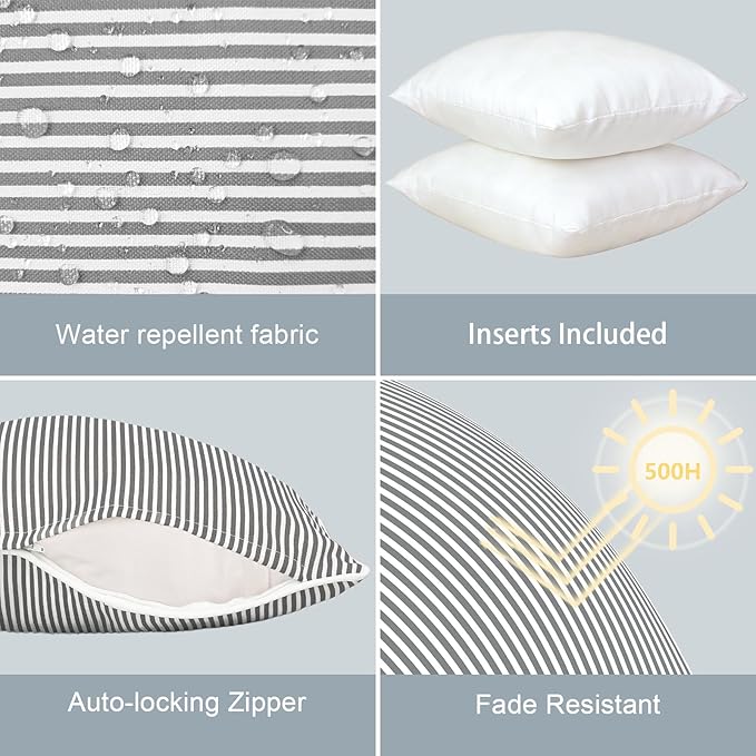 LVTXIII Outdoor/Indoor Throw Pillows, Decorative Patio Accent Pillows, Fluffy Water Repellent Garden Cushions for Home Patio Coach Sofa Use, 16×16 Inch, Pack of 2, Strip Grey