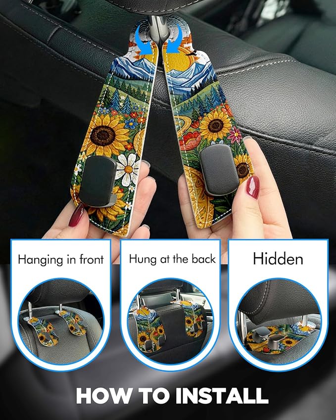 WOCOCN Purse Holder for Car, 2 Pack Heavy Duty Purse Hanger for Car, PU Leather Car Seat Hooks for Purses and Bags, Cute Sunflower Headrest Organizer for Handbags & Backpacks