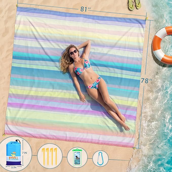 BYDOLL Beach Blanket Waterproof Sandproof Large Sand Free,78''X81''/10'X9' Oversized Sandless Lightweight Blanket Picnic Mat for Beach Travel Camping Hiking with Stakes