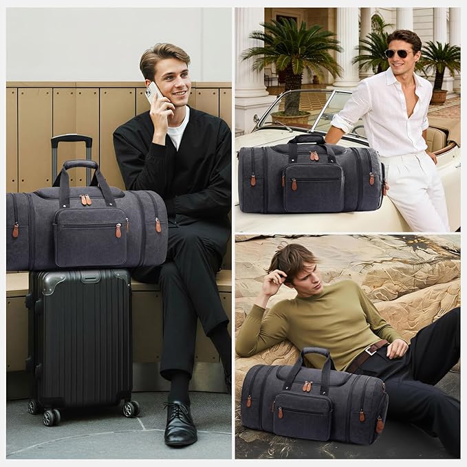 Sucipi Canvas Travel Duffel Bag for Men, Weekend Overnight Bag with Shoe Compartment and Toiletry Bag, Carry-On for Airplanes, Graphite Grey