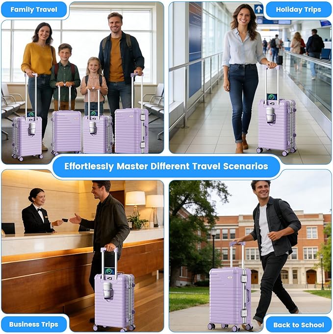 20 Inch Carry on Luggage with Cup Holder, Airline Approved 22x14x9 Aluminum Frame PC Hard Shell Suitcase, 360° Spinner Wheels, TSA Lock for Short Trips and Business Travel