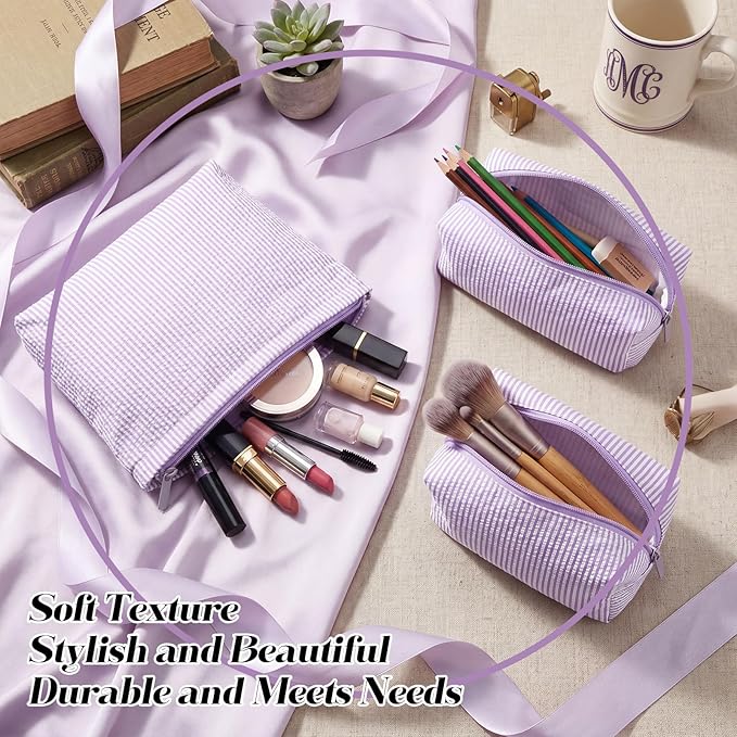Huhumy 3 Pcs Makeup Bag Set Cute Stripe Cosmetic Pouch for Women Aesthetic Seersucker Travel Toiletry Bag Set Preppy Small Makeup Purse Pouch Cosmetic Organizer Pencil Case with Zipper(Purple)