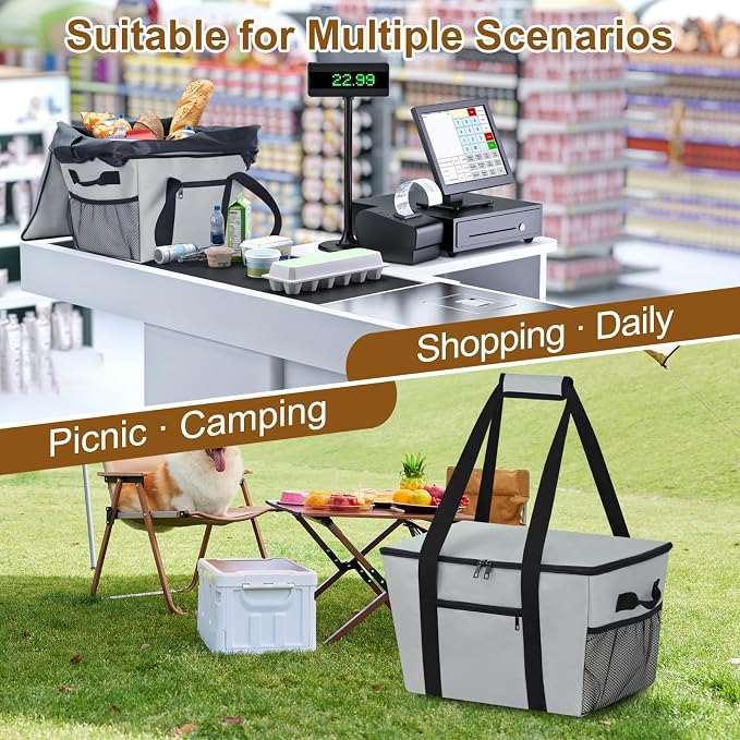 Reusable Grocery Bag – Expandable Insulated Cooler Bag with Bottom Board, Collapsible Insulated Shopping Bag with Zipper & Drawstring, Heavy Duty Tote Bag for Shopping, Delivery, Picnic, Beach