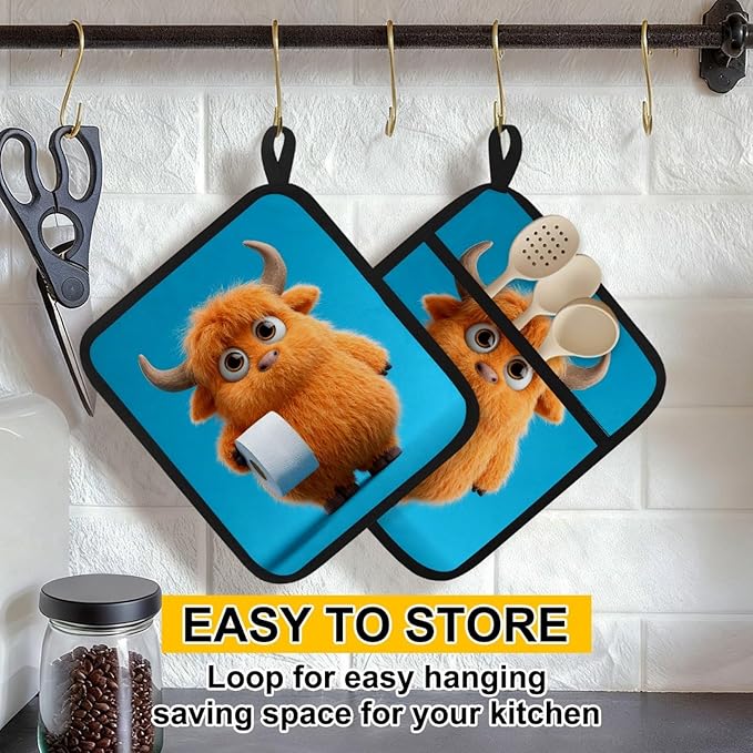 Modern Blue and Cute Highland Cows Pot Holders with Pockets 2 PCS, Heat Resistant Oven Mitts Hot Pads for Kitchen Baking Cooking, Square Thick Pot Holders Kitchen Hot Potholders, 8.5x10 Inches