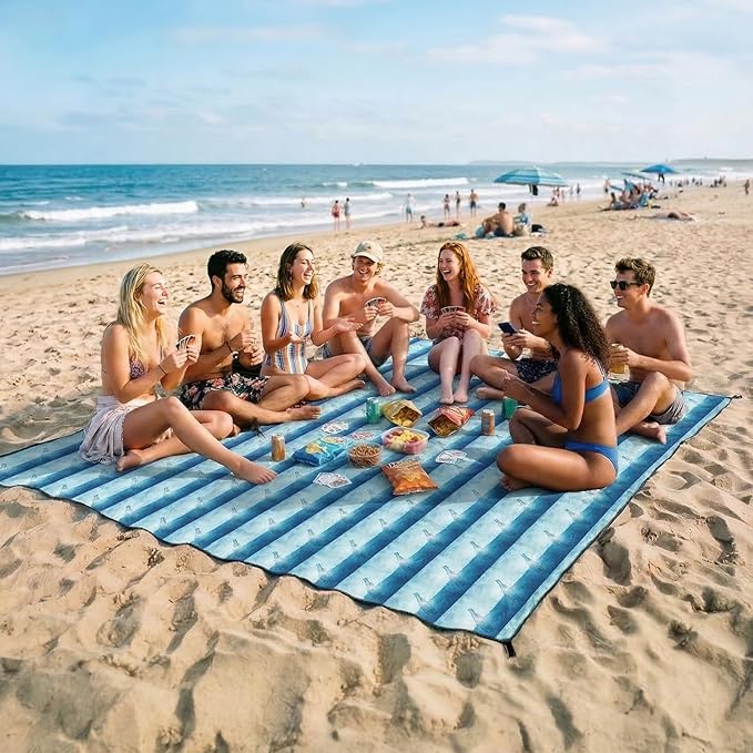 OIGAE 7x7ft Sandproof Beach Blanket - Large Waterproof Picnic Mat for 3-4 People, Lightweight Sand Free Mat for Summer Vacation with 6 Stakes & 4 Corner Pockets for Beach, Camping, Festivals