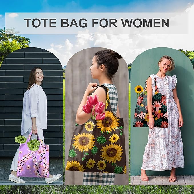 BeeGreen Flower Reusable Shopping Bags Cute Grocery Bag 6 Pack, Christmas Gift Bags Heavy-Duty Foldable Shopping Totes for Supermarket, Work & Travel, Large Washable Polyester Tote Bag with Handles