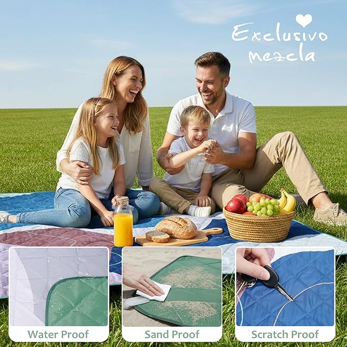 Exclusivo Mezcla Extra Large Waterproof Picnic Blankets 3 Layer, Sandproof and Foldable Outdoor Blanket for Beach Camping, Park and Travel