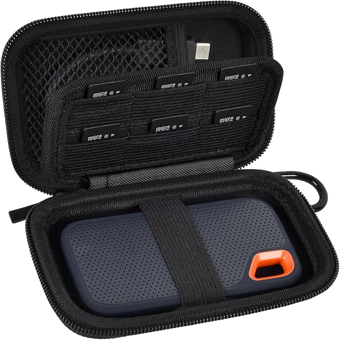PAIYULE Hard Case for SanDisk Extreme Portable SSD, Protective Storage Organizer for SanDisk Extreme PRO SSD 500GB 1TB 2TB 4TB 8TB, 12 SD/TF Card Slots, Mesh Pocket, Carabiner, Case Only (Black)