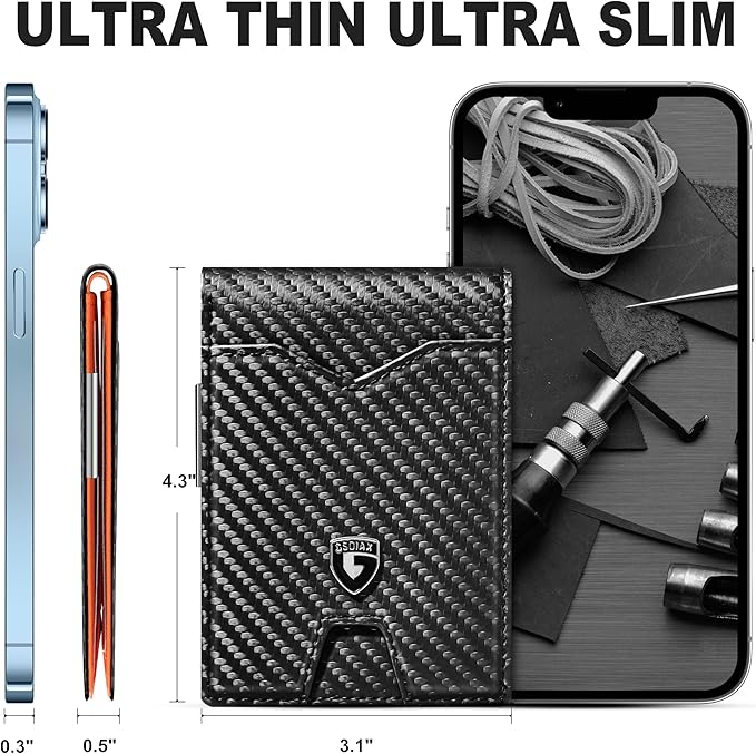 GSOIAX Slim Wallet for Men Rfid Blocking Leather Bifold Front Pocket Carbon Fiber Men's Money Clips Credit Card Holder With Gift Box