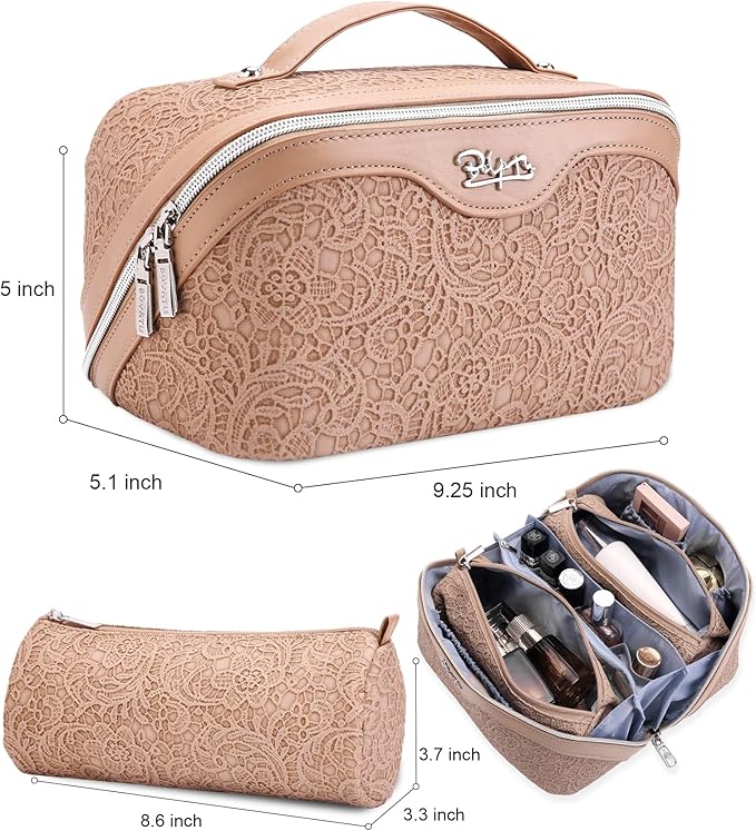 BOYATU Travel Makeup Bags Cosmetic Organizer Bag: 3-Set Large Capacity Make up Bag - PU Leather Toiletry Bags for Women - Wide Open Portable Pouch with Divider & Handle (A-Tan)