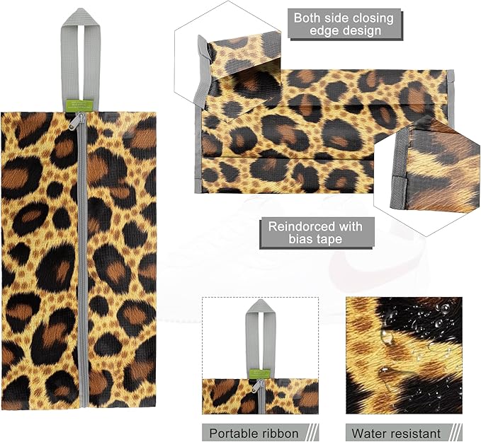BeeGreen Leopard Shoe Bags 6 Pack for Travel with Handle as Packing Organizers for Suitcase and Luggage | Portable Nylon Storage Accessories for Vacations,Gym,Sport,Essential Gifts for Women and Men