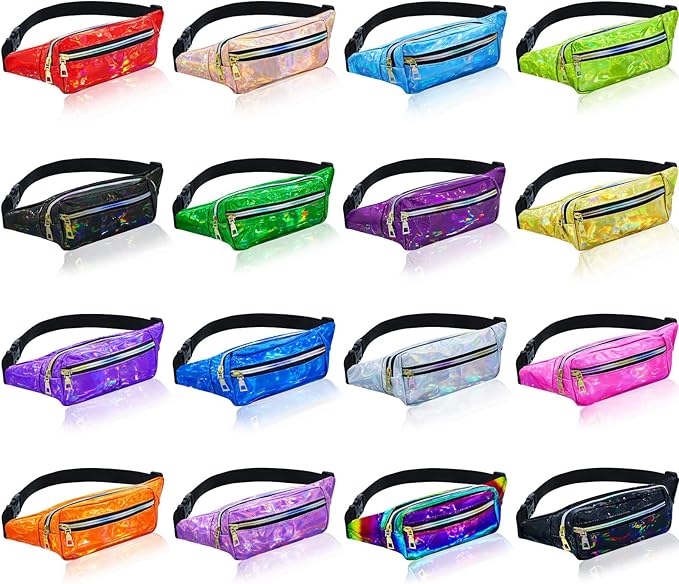 16 Pcs Fanny Packs for Women Holographic Fanny Pack Bulk 80s 90s Shiny Waist Bag Metallic Color with Adjustable Belt(Elegant Style)
