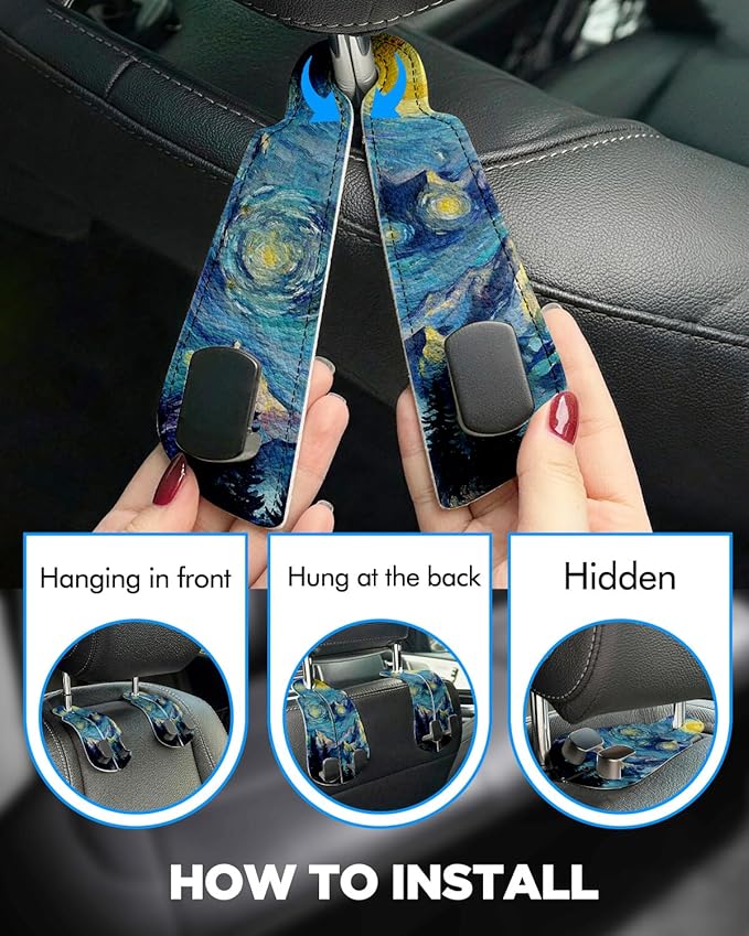 WOCOCN Purse Holder for Car, 2 Pack Heavy Duty Purse Hanger for Car, PU Leather Car Seat Hooks for Purses and Bags, Cute Starry Sky Mountain Headrest Organizer for Handbags & Backpacks