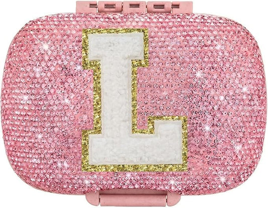Cute Pill Organizer Small Bling Pill Case for Purse Medicine Vitamin Container Holder Daily Pill Box Container for Women Travel Medicine Kit(Letter L Pink)