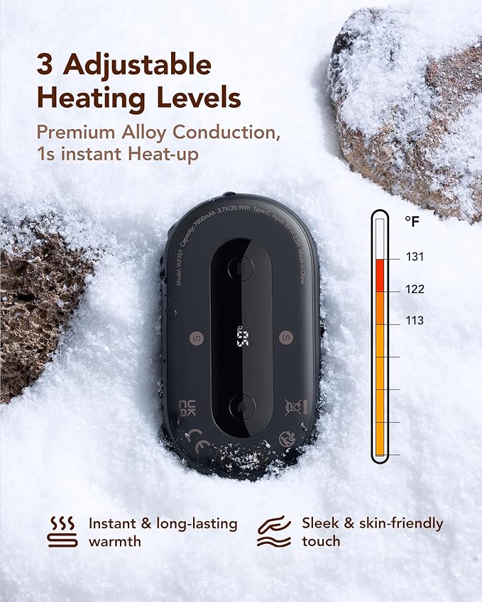 Hand Warmers Rechargeable 2 Pack, Magnetic Alloy Handwarmer 7000 mAh Reusable, Instant Heating UP to 131°F, 15 Hours Long Lasting Palm Pocket Heater, Gifts Packing for Skiing,Hunting,Camping,Golf