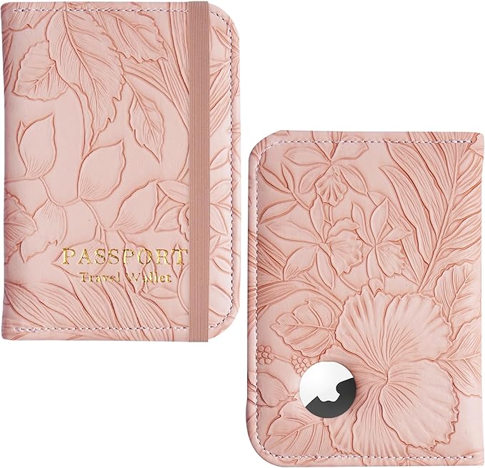 lizimandu Passport Holder with Airtag Slot, Airtag Passport Wallet for Men Women, Slim Leather Passport Holder Case Family for Travel Anti-Lost(1-Carved Pink)