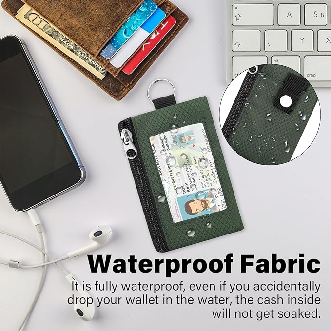 Minimalist Small Wallet for Men Women with 2 Zip Pockets, Multi Functional ID Case with Keychain and Card Holder, Coin Purse Badge Lanyard Pouch for Boys Girls Travel -Green