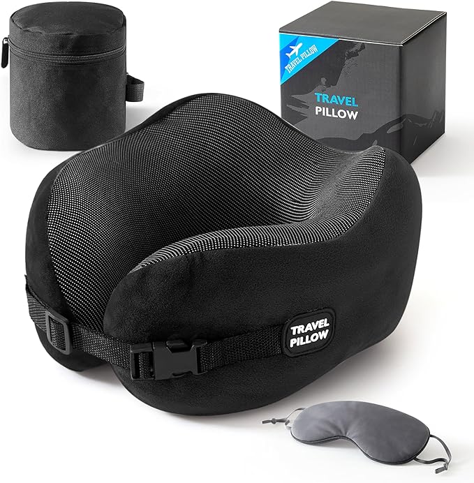 Neck Pillow Travel Pillow - 100% Pure Memory Foam Airplane Pillow with Adjustable Clasp & Removable Cover, Portable Travel Essentials for Long Flights, Car & Office (Black, with Eye Mask)